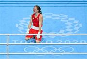 8 August 2021; Kellie Harrington of Ireland reacts after defeating Beatriz Ferreira of Brazil in their women's lightweight final bout at the Kokugikan Arena during the 2020 Tokyo Summer Olympic Games in Tokyo, Japan. Photo by Brendan Moran/Sportsfile