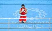 8 August 2021; Kellie Harrington of Ireland reacts after defeating Beatriz Ferreira of Brazil in their women's lightweight final bout at the Kokugikan Arena during the 2020 Tokyo Summer Olympic Games in Tokyo, Japan. Photo by Brendan Moran/Sportsfile