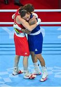 8 August 2021; Kellie Harrington of Ireland, left, and Beatriz Ferreira of Brazil embrace after their women's lightweight final bout at the Kokugikan Arena during the 2020 Tokyo Summer Olympic Games in Tokyo, Japan. Photo by Brendan Moran/Sportsfile