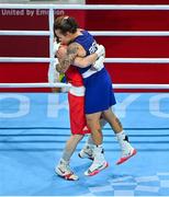 8 August 2021; Kellie Harrington of Ireland, left, and Beatriz Ferreira of Brazil embrace after their women's lightweight final bout at the Kokugikan Arena during the 2020 Tokyo Summer Olympic Games in Tokyo, Japan. Photo by Brendan Moran/Sportsfile