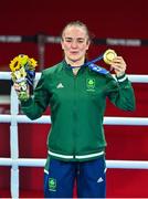 8 August 2021; Kellie Harrington of Ireland celebrates with her gold medal after defeating Beatriz Ferreira of Brazil in their women's lightweight final bout with at the Kokugikan Arena during the 2020 Tokyo Summer Olympic Games in Tokyo, Japan. Photo by Brendan Moran/Sportsfile