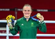 8 August 2021; Kellie Harrington of Ireland celebrates with her gold medal after defeating Beatriz Ferreira of Brazil in their women's lightweight final bout with at the Kokugikan Arena during the 2020 Tokyo Summer Olympic Games in Tokyo, Japan. Photo by Brendan Moran/Sportsfile