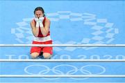 8 August 2021; Kellie Harrington of Ireland reacts after defeating Beatriz Ferreira of Brazil in their women's lightweight final bout at the Kokugikan Arena during the 2020 Tokyo Summer Olympic Games in Tokyo, Japan. Photo by Brendan Moran/Sportsfile