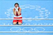 8 August 2021; Kellie Harrington of Ireland reacts after defeating Beatriz Ferreira of Brazil in their women's lightweight final bout at the Kokugikan Arena during the 2020 Tokyo Summer Olympic Games in Tokyo, Japan. Photo by Brendan Moran/Sportsfile