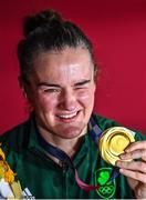 8 August 2021; Kellie Harrington of Ireland celebrates with her gold medal after defeating Beatriz Ferreira of Brazil in their women's lightweight final bout with at the Kokugikan Arena during the 2020 Tokyo Summer Olympic Games in Tokyo, Japan. Photo by Brendan Moran/Sportsfile