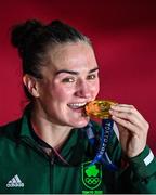 8 August 2021; Kellie Harrington of Ireland celebrates with her gold medal after defeating Beatriz Ferreira of Brazil in their women's lightweight final bout with at the Kokugikan Arena during the 2020 Tokyo Summer Olympic Games in Tokyo, Japan. Photo by Brendan Moran/Sportsfile