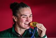 8 August 2021; Kellie Harrington of Ireland celebrates with her gold medal after defeating Beatriz Ferreira of Brazil in their women's lightweight final bout with at the Kokugikan Arena during the 2020 Tokyo Summer Olympic Games in Tokyo, Japan. Photo by Brendan Moran/Sportsfile