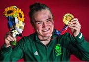 8 August 2021; Kellie Harrington of Ireland celebrates with her gold medal after defeating Beatriz Ferreira of Brazil in their women's lightweight final bout with at the Kokugikan Arena during the 2020 Tokyo Summer Olympic Games in Tokyo, Japan. Photo by Brendan Moran/Sportsfile