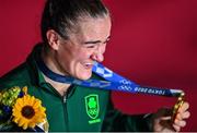 8 August 2021; Kellie Harrington of Ireland celebrates with her gold medal after defeating Beatriz Ferreira of Brazil in their women's lightweight final bout with at the Kokugikan Arena during the 2020 Tokyo Summer Olympic Games in Tokyo, Japan. Photo by Brendan Moran/Sportsfile