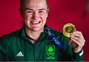 8 August 2021; Kellie Harrington of Ireland celebrates with her gold medal after defeating Beatriz Ferreira of Brazil in their women's lightweight final bout with at the Kokugikan Arena during the 2020 Tokyo Summer Olympic Games in Tokyo, Japan. Photo by Brendan Moran/Sportsfile