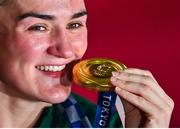 8 August 2021; Kellie Harrington of Ireland celebrates with her gold medal after defeating Beatriz Ferreira of Brazil in their women's lightweight final bout with at the Kokugikan Arena during the 2020 Tokyo Summer Olympic Games in Tokyo, Japan. Photo by Brendan Moran/Sportsfile