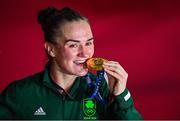 8 August 2021; Kellie Harrington of Ireland celebrates with her gold medal after defeating Beatriz Ferreira of Brazil in their women's lightweight final bout with at the Kokugikan Arena during the 2020 Tokyo Summer Olympic Games in Tokyo, Japan. Photo by Brendan Moran/Sportsfile