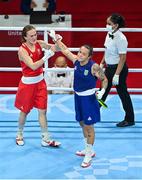 8 August 2021; Kellie Harrington of Ireland, left, with Beatriz Ferreira of Brazil after their women's lightweight final bout at the Kokugikan Arena during the 2020 Tokyo Summer Olympic Games in Tokyo, Japan. Photo by Brendan Moran/Sportsfile