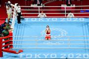 8 August 2021; Kellie Harrington of Ireland reacts after defeating Beatriz Ferreira of Brazil in their women's lightweight final bout at the Kokugikan Arena during the 2020 Tokyo Summer Olympic Games in Tokyo, Japan. Photo by Brendan Moran/Sportsfile