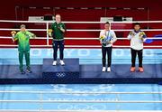 8 August 2021; Silver medalist Beatriz Ferreira of Brazil, left, gold medalist Kellie Harrington of Ireland, centre, and bronze medalists Mira Marjut Johanna Potkonen of Finland and Sudaporn Seesondee of Thailand with their medals after the women's lightweight bouts at the Kokugikan Arena during the 2020 Tokyo Summer Olympic Games in Tokyo, Japan. Photo by Brendan Moran/Sportsfile