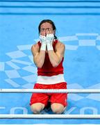 8 August 2021; Kellie Harrington of Ireland reacts after defeating Beatriz Ferreira of Brazil in their women's lightweight final bout at the Kokugikan Arena during the 2020 Tokyo Summer Olympic Games in Tokyo, Japan. Photo by Brendan Moran/Sportsfile