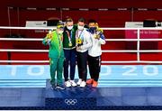 8 August 2021; Silver medalist Beatriz Ferreira of Brazil, left, gold medalist Kellie Harrington of Ireland, centre, and bronze medalists Mira Marjut Johanna Potkonen of Finland and Sudaporn Seesondee of Thailand with their medals after the women's lightweight bouts at the Kokugikan Arena during the 2020 Tokyo Summer Olympic Games in Tokyo, Japan. Photo by Brendan Moran/Sportsfile