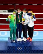 8 August 2021; Silver medalist Beatriz Ferreira of Brazil, left, gold medalist Kellie Harrington of Ireland, centre, and bronze medalists Mira Marjut Johanna Potkonen of Finland and Sudaporn Seesondee of Thailand with their medals after the women's lightweight bouts at the Kokugikan Arena during the 2020 Tokyo Summer Olympic Games in Tokyo, Japan. Photo by Brendan Moran/Sportsfile