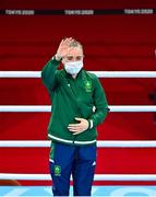 8 August 2021; Kellie Harrington of Ireland waves to supporters during the medal ceremony after defeating Beatriz Ferreira of Brazil in their women's lightweight final bout with at the Kokugikan Arena during the 2020 Tokyo Summer Olympic Games in Tokyo, Japan. Photo by Brendan Moran/Sportsfile