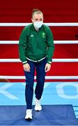 8 August 2021; Kellie Harrington of Ireland steps onto the podium during the medal ceremony after defeating Beatriz Ferreira of Brazil in their women's lightweight final bout with at the Kokugikan Arena during the 2020 Tokyo Summer Olympic Games in Tokyo, Japan. Photo by Brendan Moran/Sportsfile