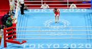 8 August 2021; Kellie Harrington of Ireland looks towards her coaches Zaur Antia and John Conlan after victory in her lightweight final bout with Beatriz Ferreira of Brazil at the Kokugikan Arena during the 2020 Tokyo Summer Olympic Games in Tokyo, Japan. Photo by Brendan Moran/Sportsfile