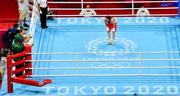 8 August 2021; Kellie Harrington of Ireland looks towards her coaches Zaur Antia and John Conlan after victory in her lightweight final bout with Beatriz Ferreira of Brazil at the Kokugikan Arena during the 2020 Tokyo Summer Olympic Games in Tokyo, Japan. Photo by Brendan Moran/Sportsfile