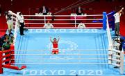 8 August 2021; Kellie Harrington of Ireland reacts after defeating Beatriz Ferreira of Brazil in their women's lightweight final bout at the Kokugikan Arena during the 2020 Tokyo Summer Olympic Games in Tokyo, Japan. Photo by Brendan Moran/Sportsfile