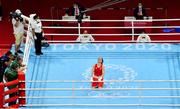 8 August 2021; Kellie Harrington of Ireland reacts after victory as her coaches Zaur Antia and John Conlan look on following her lightweight final bout with Beatriz Ferreira of Brazil at the Kokugikan Arena during the 2020 Tokyo Summer Olympic Games in Tokyo, Japan. Photo by Brendan Moran/Sportsfile