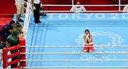 8 August 2021; Kellie Harrington of Ireland reacts after victory as her coaches Zaur Antia and John Conlan look on following her lightweight final bout with Beatriz Ferreira of Brazil at the Kokugikan Arena during the 2020 Tokyo Summer Olympic Games in Tokyo, Japan. Photo by Brendan Moran/Sportsfile