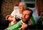 8 August 2021; Kellie Harrington's mother Yvonne and her brother Chirstopher celebrate outside their home at Portland Row in Dublin, after her Tokyo 2020 Olympics lightweight final bout against Beatriz Ferreira of Brazil.  Photo by Ray McManus/Sportsfile