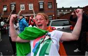 8 August 2021; A neighbour of Kellie Harrington's family, from Portland Row in Dublin, Aeo Gately celebrates after watching her bout on a big screen when she contested the Tokyo 2020 Olympics lightweight final bout, against Beatriz Ferreira of Brazil. Photo by Ray McManus/Sportsfile