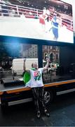 8 August 2021; A neighbour of Kellie Harrington's family, from Portland Row in Dublin, Aeo Gately celebrates after watching her bout on a big screen when she contested the Tokyo 2020 Olympics lightweight final bout, against Beatriz Ferreira of Brazil. Photo by Ray McManus/Sportsfile