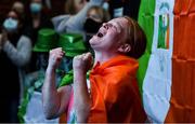 8 August 2021; A neighbour of Kellie Harrington's family, from Portland Row in Dublin, Aeo Gately celebrates after watching her bout on a big screen when Kellie contested the Tokyo 2020 Olympics lightweight final bout against Beatriz Ferreira of Brazil. Photo by Ray McManus/Sportsfile