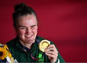 8 August 2021; Kellie Harrington of Ireland celebrates with her gold medal after defeating Beatriz Ferreira of Brazil in their women's lightweight final bout with at the Kokugikan Arena during the 2020 Tokyo Summer Olympic Games in Tokyo, Japan. Photo by Brendan Moran/Sportsfile