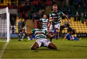 5 August 2021; Aidomo Emakhu of Shamrock Rovers celebrates after scoring his side's first goal during the UEFA Europa Conference League third qualifying round first leg match between Shamrock Rovers and Teuta at Tallaght Stadium in Dublin. Photo by Eóin Noonan/Sportsfile