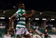 5 August 2021; Aidomo Emakhu of Shamrock Rovers celebrates after scoring his side's first goal during the UEFA Europa Conference League third qualifying round first leg match between Shamrock Rovers and Teuta at Tallaght Stadium in Dublin. Photo by Eóin Noonan/Sportsfile