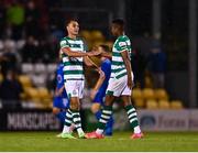 5 August 2021; Graham Burke, left, with Shamrock Rovers team-mate Aidomo Emakhu after the UEFA Europa Conference League third qualifying round first leg match between Shamrock Rovers and Teuta at Tallaght Stadium in Dublin. Photo by Eóin Noonan/Sportsfile