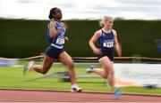 8 August 2021; Cressida Amaniampong of Skerries AC, Dublin, left, and Kellie Bester of Carrick-on-Suir AC, Waterford, competing in the Girl's U19 100m heats during day three of the Irish Life Health National Juvenile Track & Field Championships at Tullamore Harriers Stadium in Tullamore, Offaly. Photo by Sam Barnes/Sportsfile
