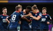 8 August 2021; Nahum Melvin-Lambert of St Patrick's Athletic, centre, celebrates with team-mates Ben McCormack, left, and Matty Smith, right, after scoring their side's first goal during the SSE Airtricity League Premier Division match between Dundalk and St Patrick's Athletic at Oriel Park in Dundalk, Louth. Photo by Seb Daly/Sportsfile
