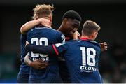 8 August 2021; Nahum Melvin-Lambert of St Patrick's Athletic, centre, celebrates with team-mates Paddy Barrett, left, and Ben McCormack, right, after scoring their side's first goal during the SSE Airtricity League Premier Division match between Dundalk and St Patrick's Athletic at Oriel Park in Dundalk, Louth. Photo by Seb Daly/Sportsfile