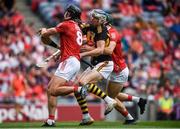 8 August 2021; TJ Reid of Kilkenny is tackled by Darragh Fitzgibbon, left, and Mark Coleman of Cork during the GAA Hurling All-Ireland Senior Championship semi-final match between Kilkenny and Cork at Croke Park in Dublin. Photo by David Fitzgerald/Sportsfile