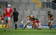 8 August 2021; Richie Reid of Kilkenny and Conor Cahalane of Cork jostle for position as referee Fergal Horgan prepares to throw the ball in to start the first half of the GAA Hurling All-Ireland Senior Championship semi-final match between Kilkenny and Cork at Croke Park in Dublin. Photo by Piaras Ó Mídheach/Sportsfile