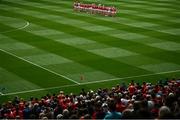 8 August 2021; Cork players stand for Amhrán na bhFiann prior to the GAA Hurling All-Ireland Senior Championship semi-final match between Kilkenny and Cork at Croke Park in Dublin. Photo by David Fitzgerald/Sportsfile