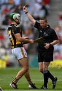 8 August 2021; Paddy Deegan of Kilkenny receives a yellow card from referee Fergal Horgan during the GAA Hurling All-Ireland Senior Championship semi-final match between Kilkenny and Cork at Croke Park in Dublin. Photo by Harry Murphy/Sportsfile