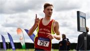 8 August 2021; Nicholas Griggs of Mid Ulster AC, Derry, celebrates winning the Boy's U18 3000m during day three of the Irish Life Health National Juvenile Track & Field Championships at Tullamore Harriers Stadium in Tullamore, Offaly. Photo by Sam Barnes/Sportsfile