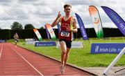 8 August 2021; Nicholas Griggs of Mid Ulster AC, Derry, celebrates winning the Boy's U18 3000m during day three of the Irish Life Health National Juvenile Track & Field Championships at Tullamore Harriers Stadium in Tullamore, Offaly. Photo by Sam Barnes/Sportsfile