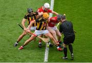 8 August 2021; Referee Fergal Horgan throws in the ball between, Conor Fogarty, left, and Richie Reid of Kilkenny and Conor Cahalane, left, and Luke Meade of Cork to start the GAA Hurling All-Ireland Senior Championship semi-final match between Kilkenny and Cork at Croke Park in Dublin. Photo by Daire Brennan/Sportsfile