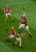 8 August 2021; TJ Reid of Kilkenny wins a high ball ahead of Ger Millerick of Cork during the GAA Hurling All-Ireland Senior Championship semi-final match between Kilkenny and Cork at Croke Park in Dublin. Photo by Daire Brennan/Sportsfile