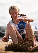 8 August 2021; Katie Deverell of Tullamore Harriers AC, Offaly, competing in the Girl's U15 Long Jump during day three of the Irish Life Health National Juvenile Track & Field Championships at Tullamore Harriers Stadium in Tullamore, Offaly. Photo by Sam Barnes/Sportsfile