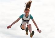 8 August 2021; Roisin Kirby of Donore Harriers, Dublin, competing in the Girl's U15 Long Jump during day three of the Irish Life Health National Juvenile Track & Field Championships at Tullamore Harriers Stadium in Tullamore, Offaly. Photo by Sam Barnes/Sportsfile